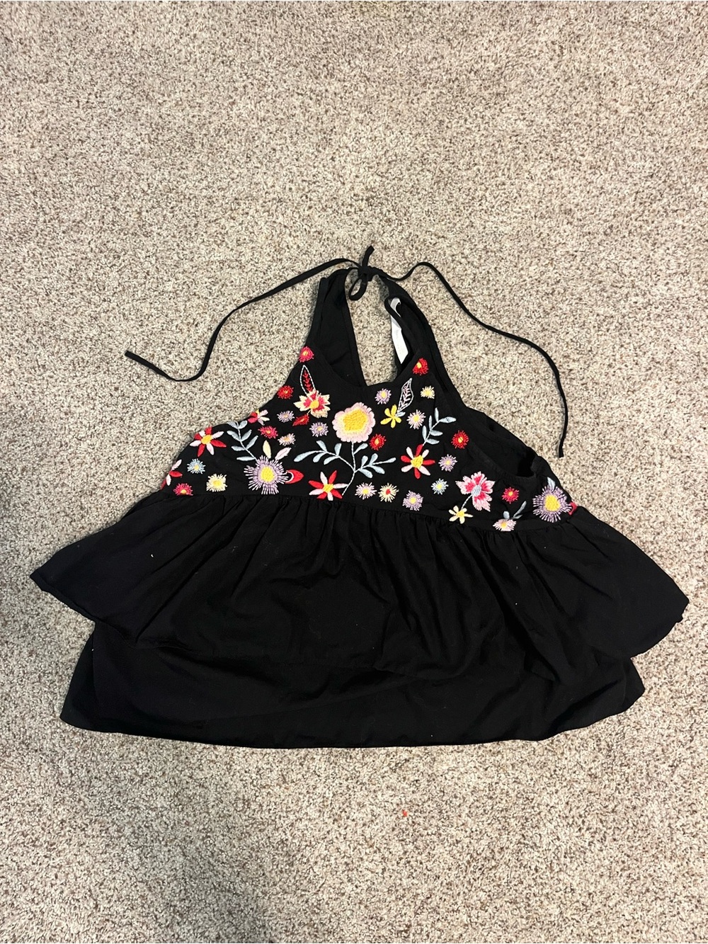 Zara Black Halter Camisole with Multicolor Floral Embroidery